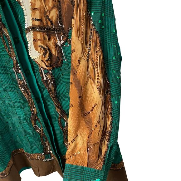 Vintage Diane Gilman Pure Silk Sequin Embellished Horse Print Button Up Green 1X - Picture 4 of 9